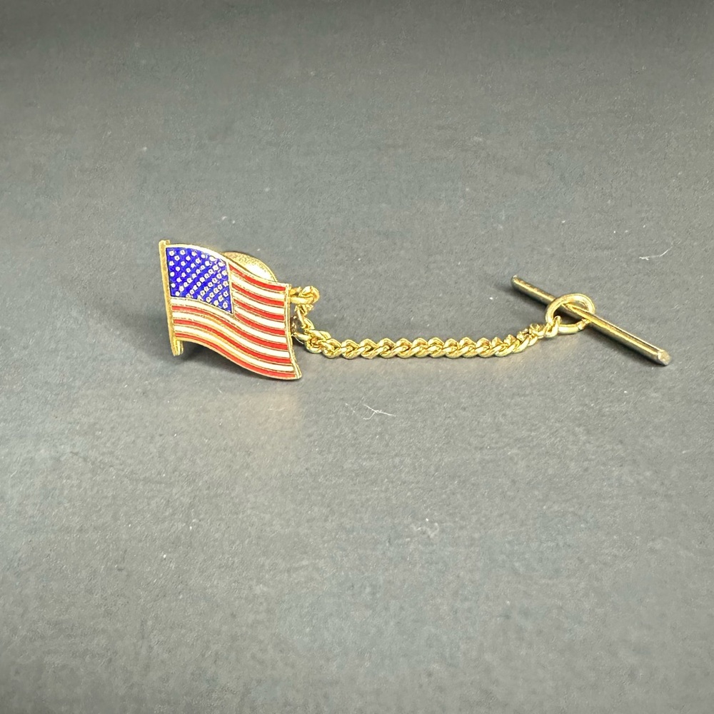 American Flag Tie Tack with Gold Tone Chain